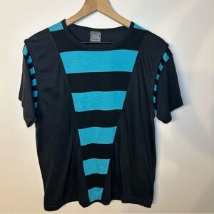 Le Tigre Vintage 1980’s Black and Blue Stripe Short Sleeve T-Shirt, Size XL